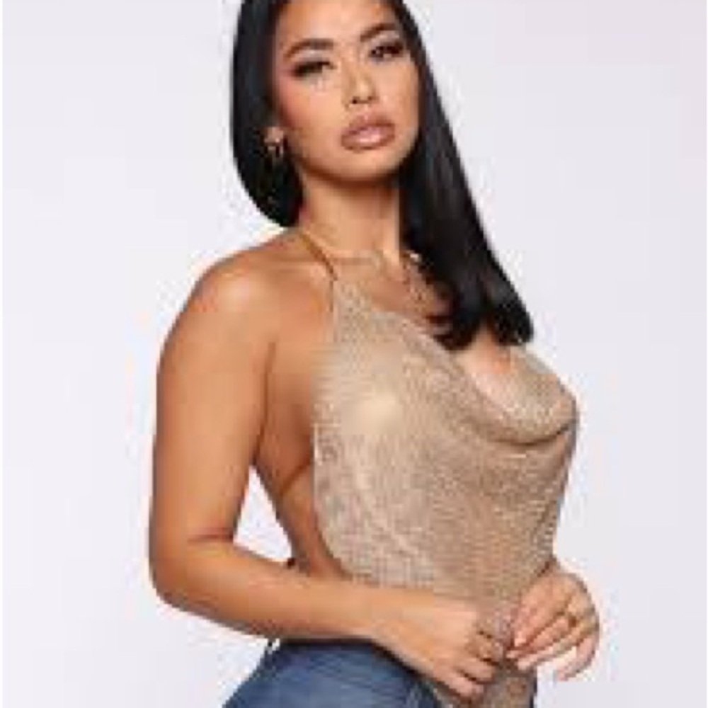 Fashion Nova Gold Rhinestone Mesh Top - Picture 7 of 14